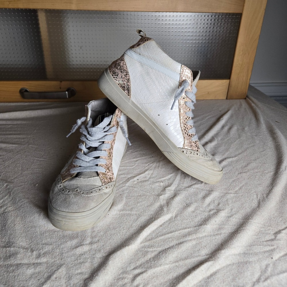 Shu Shop Paulina Mid Top Sneaker Womens 8 White Rose Gold Good Star Patch Brogue